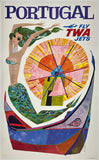 Original vintage Portugal - Fly TWA linen backed airline aviation travel and tourism poster plakat affiche by artist David Klein, circa 1960s.