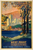 Rare authentic original vintage WEST POINT - NEW YORK CENTRAL LINES - UNITED STATES MILITARY ACADEMY linen backed American railway travel and tourism art deco railroad poster by artist Frank Hazell, circa 1927.