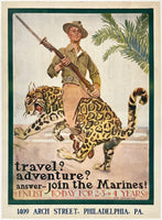 Vintage-style advertisement with a man holding a rifle and a leopard, promoting joining the Marines.
