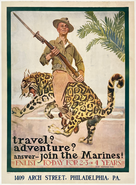 Vintage-style advertisement with a man holding a rifle and a leopard, promoting joining the Marines.