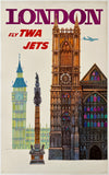 Vintage-style travel poster for London featuring iconic landmarks and TWA Jets branding.