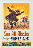 Vintage Alaska Airlines poster with a child in a fur coat and airplane illustration.