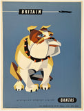 Qantas travel poster featuring a stylized bulldog with 'Britain' text on a blue background