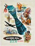 Vintage travel poster for New Guinea-Papua Q.E.A. Air Tours featuring tribal imagery and a鼓.