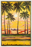 Vintage-style advertisement for Hawaiian Air featuring palm trees and a sunset over water.