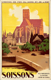 Vintage-style poster of Soissons with a cathedral and river, featuring a yellow and brown color scheme.