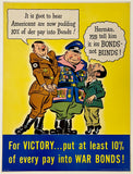 Vintage World War II poster with cartoon characters and text about war bonds on a yellow background.