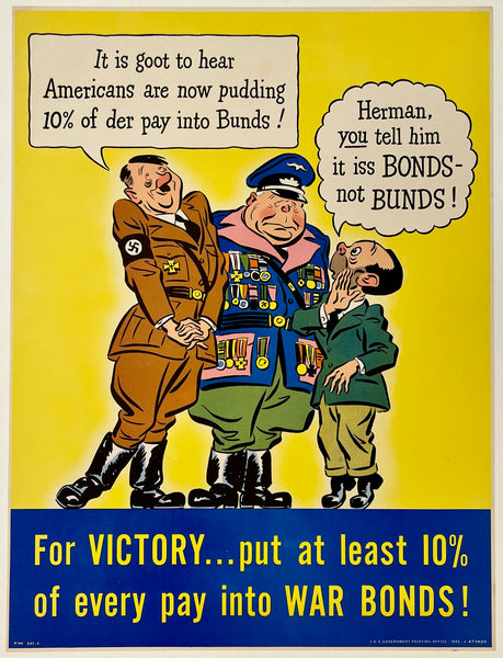 Vintage World War II poster with cartoon characters and text about war bonds on a yellow background.