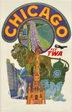 Vintage TWA travel poster for Chicago featuring a lion statue and cityscape.