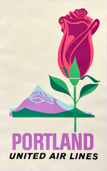 Rare authentic original vintage Portland United Air Lines linen backed UAL airline travel and tourism partial silkscreen poster plakat affiche circa 1960s.