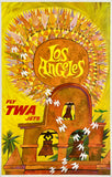Vintage-style travel poster for Los Angeles with TWA Jets branding on a yellow background.