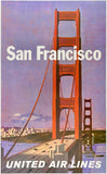 Original vintage San Francisco - United Air Lines linen backed UAL airline travel and tourism poster by artist Stan Galli, circa 1950s, and featuring the Golden Gate Bridge.