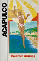 Original vintage Acapulco Western Airlines linen backed Mexico airline travel and tourism small format poster plakat affiche circa 1980.