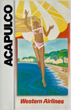 Original vintage Acapulco Western Airlines linen backed Mexico airline travel and tourism small format poster plakat affiche circa 1980.