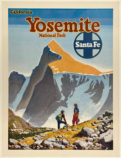 Rare authentic original vintage SANTA FE RAILROAD - YOSEMITE NATIONAL PARK CALIFORNIA linen backed America railway travel and tourism National Park poster by artist Don Perceval circa 1949.