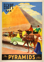 Rare authentic original vintage EGYPT U.A.R. - THE PYRAMIDS OF GIZA Egyptian linen backed travel and tourism poster plakat affiche circa 1959.