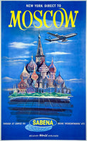 Authentic original vintage SABENA - BELGIAN WORLD AIRLINES - NEW YORK DIRECT TO MOSCOW linen backed Boeing Jets aviation airline travel and Belgium tourism poster affiche plakat circa 1960s.