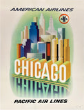 Rare authentic original vintage Chicago American Airlines Pacific Airlines linen backed airline travel and tourism mid-century modern minimalist poster plakat affiche by artist Bencsath circa 1959.