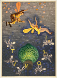 Artistic depiction of fairies around a mushroom with a starry night sky background