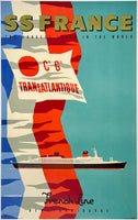 Vintage-style poster advertising the SS France, a French Line ship, with a large flag and text.