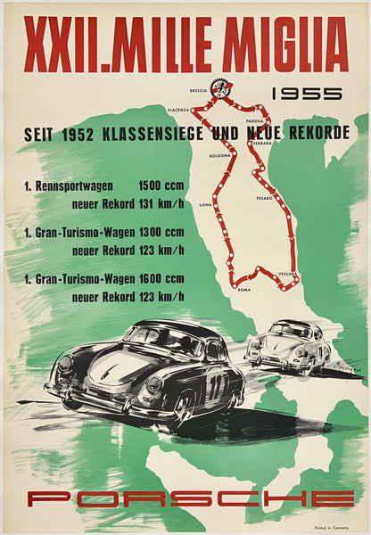 Original vintage Porsche - XXII. Mille Miglia 1955 - Class Victories and New Records Since 1952 linen backed victory factory showroom auto racing poster plakat affiche by artist Erich Strenger, circa 1955. This is the German text version of this poster.