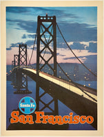 Original vintage Santa Fe Railroad - San Francisco linen backed American railway travel and tourism poster featuring a photo of the Golden Gate Bridge by an anonymous artist, circa 1950s.