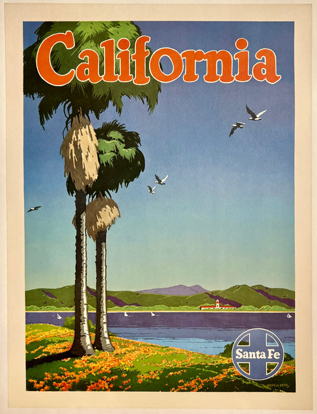 Original vintage Santa Fe Railroad - California linen backed Southwest American railway travel and tourism poster plakat affiche by artist Oscar M. Bryn circa 1950.