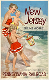 Vintage-style advertisement for New Jersey Seashore featuring two children in red swimsuits on a beach.