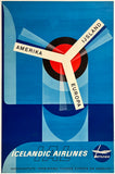 Vintage poster for Icelandic Airlines with abstract design elements and text.