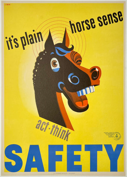 Rare authentic original vintage Safety - It's Plain Horse Sense linen backed USA World War II American propaganda poster circa 1942.
