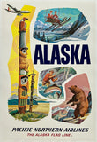 Vintage-style Alaska travel poster with totem pole, airplane, and nature scenes.