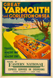 Vintage travel poster for Great Yarmouth and Gorleston-on-Sea with a bus and scenic view.