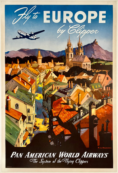 Original vintage FLY TO EUROPE BY CLIPPER - PAN AMERICAN WORLD AIRWAYS linen backed travel and Indian tourism poster plakat affiche by artist Mark Von Arenburg circa 1947.
