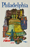 Vintage-style Philadelphia travel poster featuring a large golden bell in the center, with buildings, an eagle, and the word Philadelphia at the top. The text also includes FLY TWA JETS.