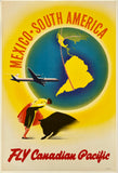 Vintage travel poster for Canadian Pacific Airlines featuring a couple embracing in front of a map of South America.