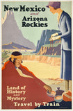 Authentic original vintage NEW MEXICO AND ARIZONA ROCKIES - TRAVEL BY TRAIN linen backed Southwestern America railway travel and tourism poster, circa 1932.