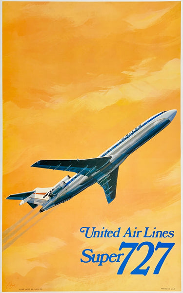 Rare authentic original vintage UNITED AIR LINES SUPER 727 linen backed UAL Boeing airline travel transportation poster plakat affiche by artist circa 1969.