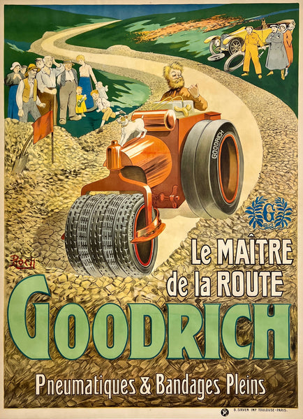 Extremely rare and authentic original vintage GOODRICH - LE MAITRE DE LA ROUTE - THE MASTER OF THE ROAD linen backed tire affiche plakat poster by artist Roch circa 1923.