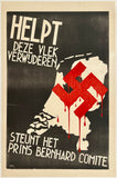 Anti-Swastika poster with text in Dutch on a black background