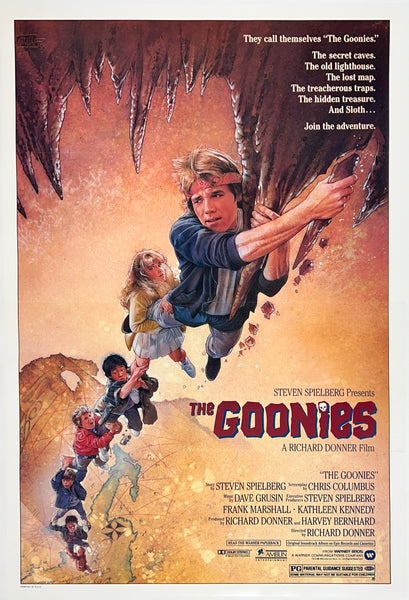 Authentic original vintage The Goonies linen backed one sheet movie poster plakat affiche by artist Drew Struzan, printed circa 1985.