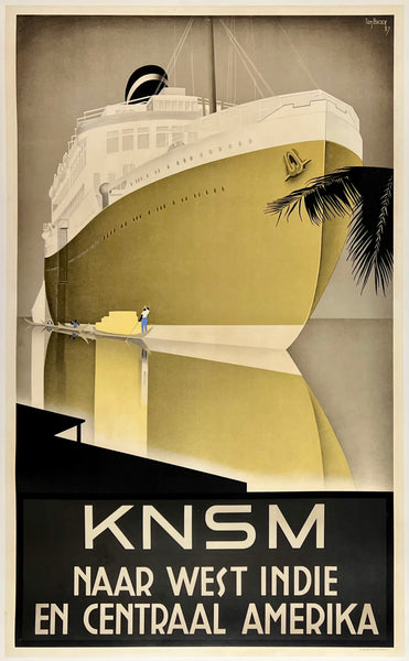 Vintage-style poster with a large ship and text about KNSM shipping line.