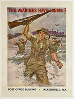 Vintage-style poster with soldiers and text 'The Marines Have Landed!' over a beach scene.