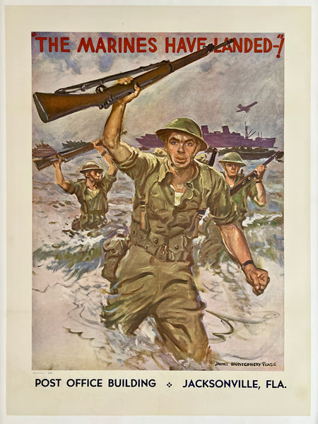 Vintage-style poster with soldiers and text 'The Marines Have Landed!' over a beach scene.