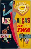 Original vintage Las Vegas - Fly TWA linen backed aviation travel and tourism showgirl, casino, sunshine and beaches poster by artist David Klein, illustrator of airline posters for Trans World Airlines destinations.