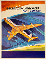 Rare authentic original vintage American Airlines - 707 Astrojet Jet Age Stage II linen backed midcentury modern travel and tourism airline poster plakat affiche featuring a Boeing engine and aircraft circa 1960s.