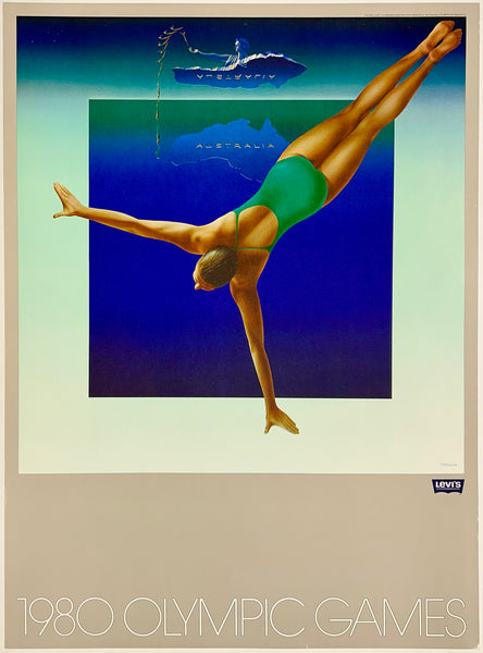 Original vintage 1980 OLYMPIC GAMES - LEVI'S - MOSCOW - AUSTRALIA - Swimming & Diving linen backed sports travel and tourism poster circa 1979.