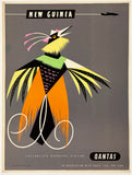 Vintage Qantas travel poster featuring a colorful bird illustration with 'New Guinea' text.