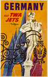 Vintage-style travel poster for Germany featuring a statue and architectural elements with 'Fly TWA Jets' text.