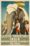 Very rare authentic original vintage Lloyd Triestino India - Express Service to Bombay Via Italy linen backed travel and tourism cruise ship steamship expedition poster plakat affiche by artist Marcello Dudovich, circa 1938.