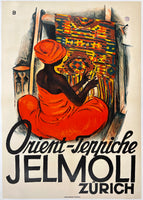 Rare authentic original ORIENT-TEPPICHE JELMOLI ZURICH (Oriental Carpets) Swiss advertising poster plakat affiche by artist Otto Baumberger printed circa 1916.